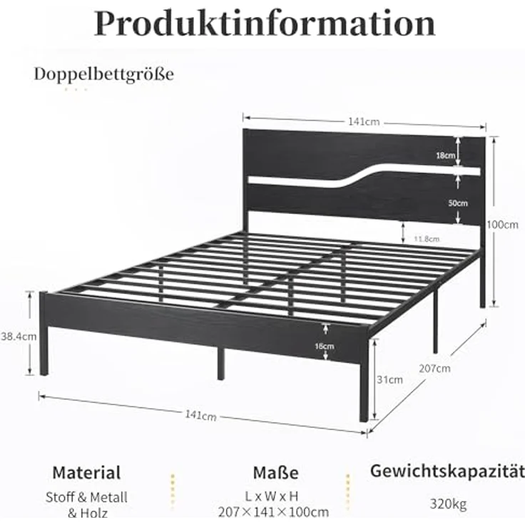 VECELO Bettgestell 140x200 cm, Metallbett mit Doppelschicht Holzkopfteil und Lattenrost, Modern Gästebett Jugendbett mit Stauraum Unter Dem Bett, Perfekt für Schlafzimmer, Schwarz – Bild 3