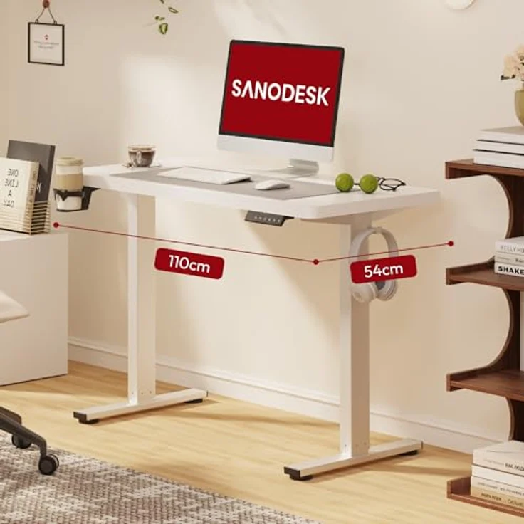 SANODESK Höhenverstellbarer Schreibtisch mit VOLLSTÄNDIGER TISCHPLATTE, 4 Zubehörteilen (Becherhalter, Haken, Aufbewahrungsbox, Kabelmanagement), ergonomisch für Büro und Homeoffice, Weiß, 110x54 cm – Bild 5