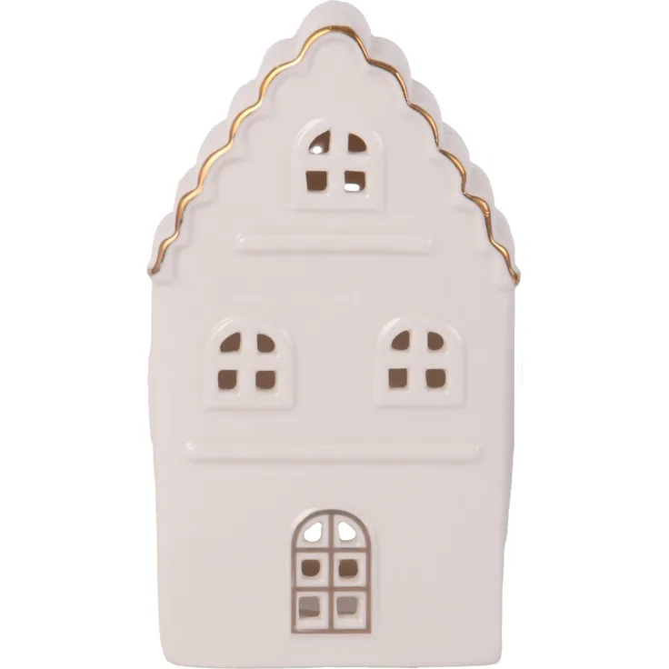 Windlicht Haus Keramik 15 x 9 cm weiß gold