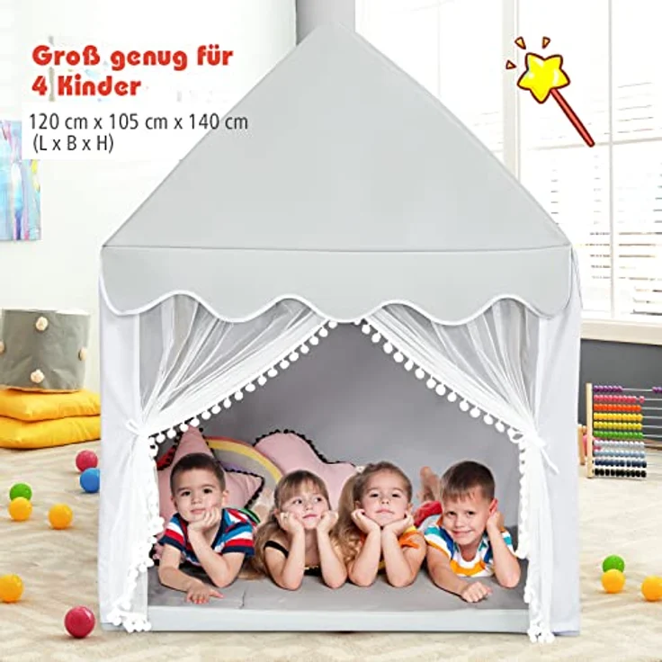 COSTWAY Prinzess Prinzessin Kinderzelt, Stoffzelt / Massivholzrahmen / Baumwolldecke grau, 120 x 105 x 140 cm – Bild 3