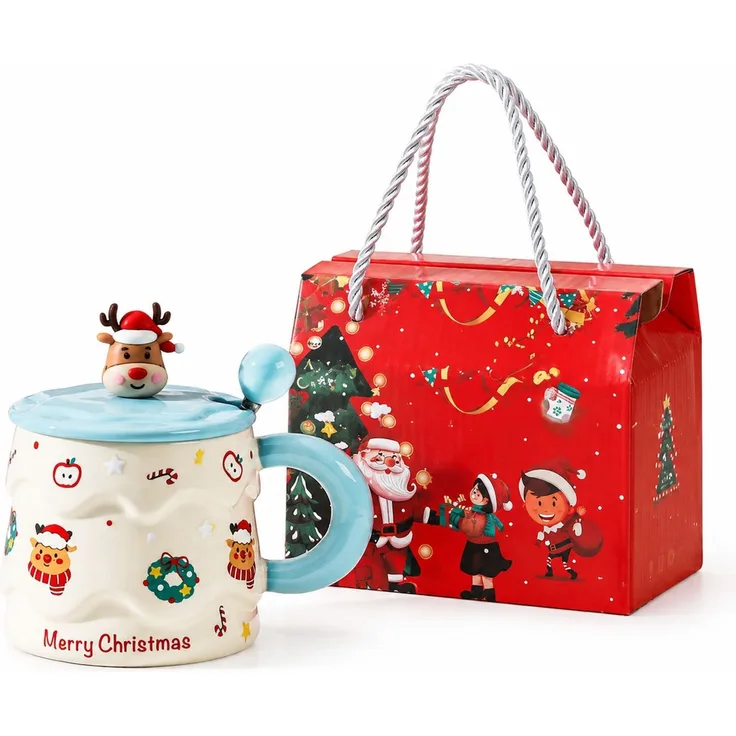 Weihnachtstasse aus Keramik mit Deckel und Löffel in Geschenkbox Blau 16 x 12 x 14 cm