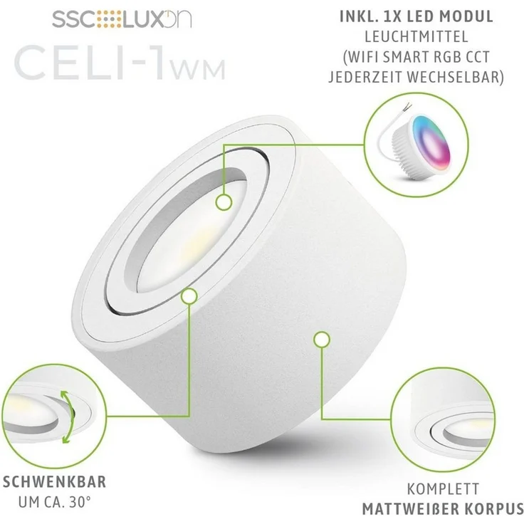 SSC-LUXon LED Aufbaustrahler CELI-1WM Aufbauspot flach weiss schwenkbar mit WiFi RGB LED dimmbar, Warmweiß bis Tageslicht – Bild 3