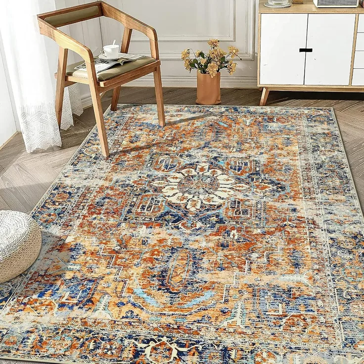 WONGS BEDDING Boho Teppich Kurzflor Vintage Design Orange 120x170 cm