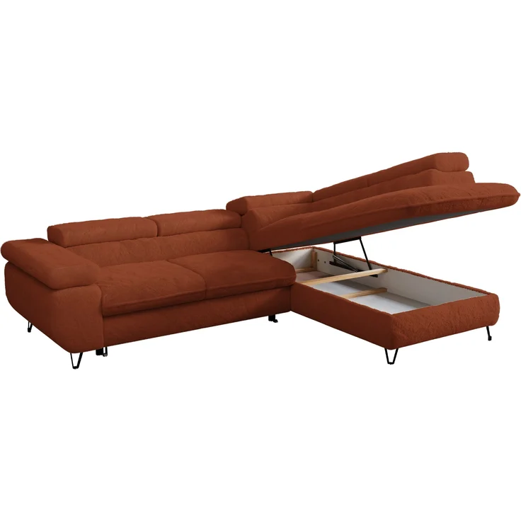 Ecksofa mit Bettfunktion, Modern Sofa, L-form, Einstellbare Kopfstützen, Bettkasten - PETER - Orange Plüsch - rechts – Bild 3