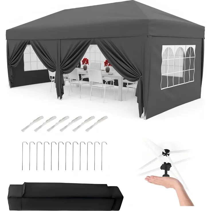 Faltpavillon 3x6 m wasserdicht stabil mit 6 Seitenwänden – Pop up Pavillon faltbar aus 420D Oxford, UV-Schutz 50+, 3-Fach höhenverstellbar, Partyzelt mit Tragetasche für Garten & Outdoor Grau