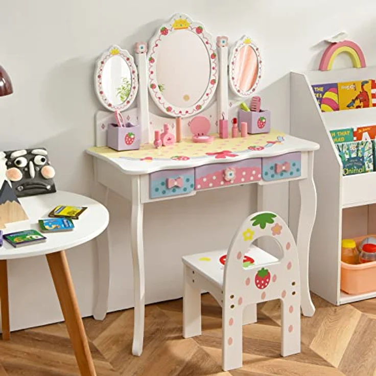 COSTWAY Kinder Schminktisch Set, Prinzessin Frisiertisch mit Klappbarem Spiegel, Schminkhocker und 3 Schubladen, Make-up Schminktisch Frisierkommode für Kinder Mädchen (Weiß) – Bild 9