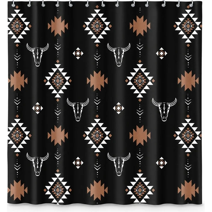 Duschvorhang mit Western- und Indianermuster wasserabweisend Schwarz 150 x 200 cm – Bild 1