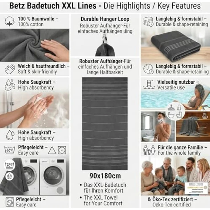 Betz Strandtuch Betz XXL Badetuch LINES Saunahandtuch Liegetuch 90x180 cm, 100% Baumwolle – Bild 9