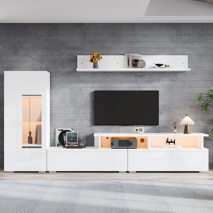 TV Wohnwand Set 3-teilig LED Beleuchtung Hochglanz Wohnzimmer Möbel Set Frontale Wohnwand 1 x TV Schrank, 1 x Wohnzimmer Vitrine, 1 x Hängeregal, TV bis 75' Weiß--Weiß--130x46x15.49cm--YOUDENOVA – Bild 3