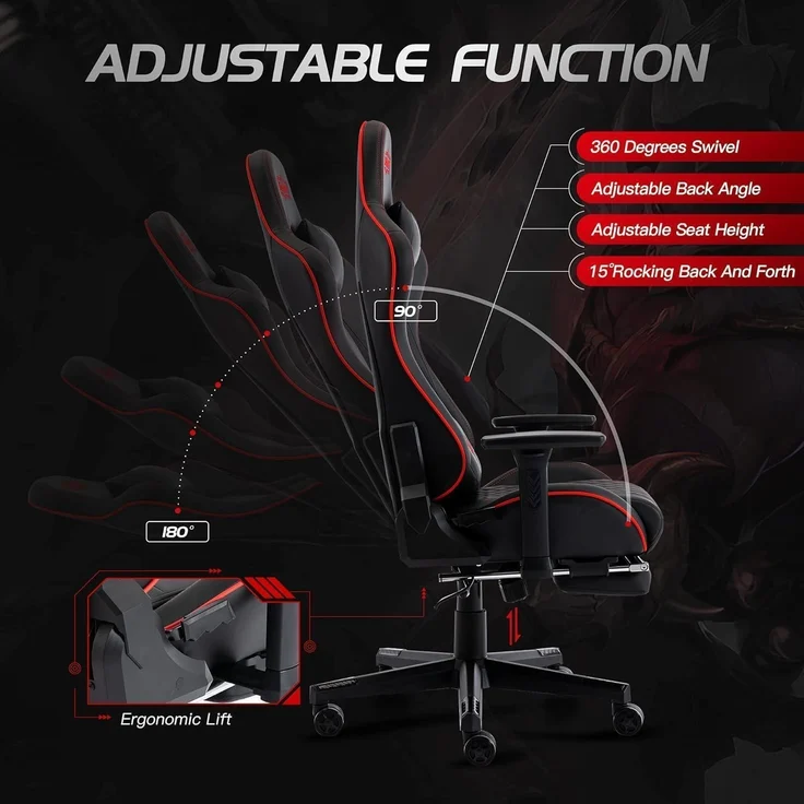 Gaming Stuhl Schwarz mit Fußstütze 3D Armlehne und Lendenwirbelstütze – Bild 5