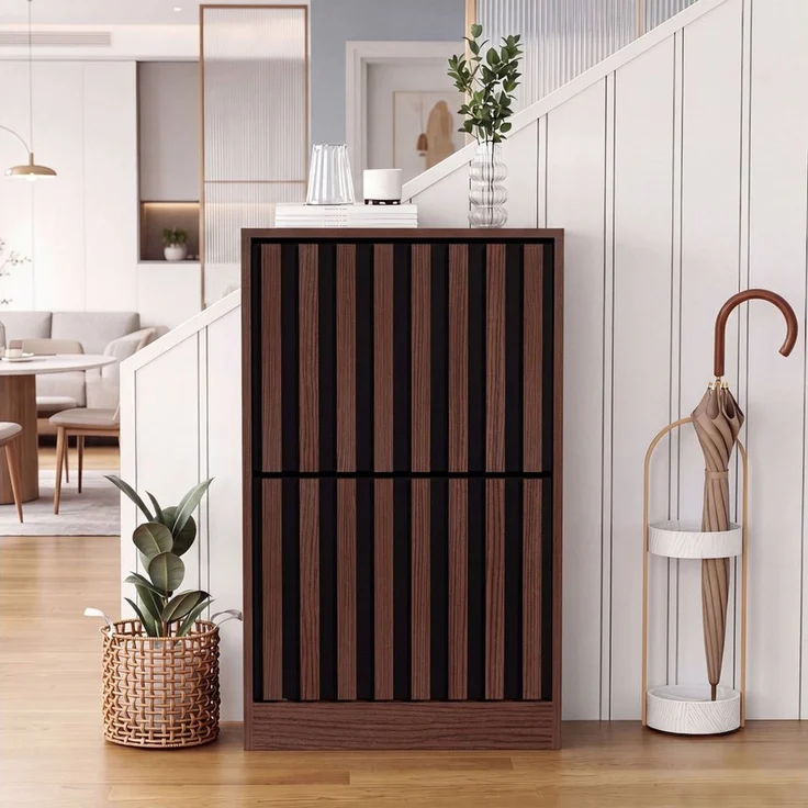 UEV Schuhschrank mit 2 Klappen Schuhregal Schukipper schmal 24CM tief (Anti-Kipp-Vorrichtung für Eingangsbereich, Modern Schuhaufbewahrung mit Oberplatte Platzsparend, Schuhkommode) Trennwände verstellbar und abnehmbar für verschiedene Schuhtypen – Bild 2