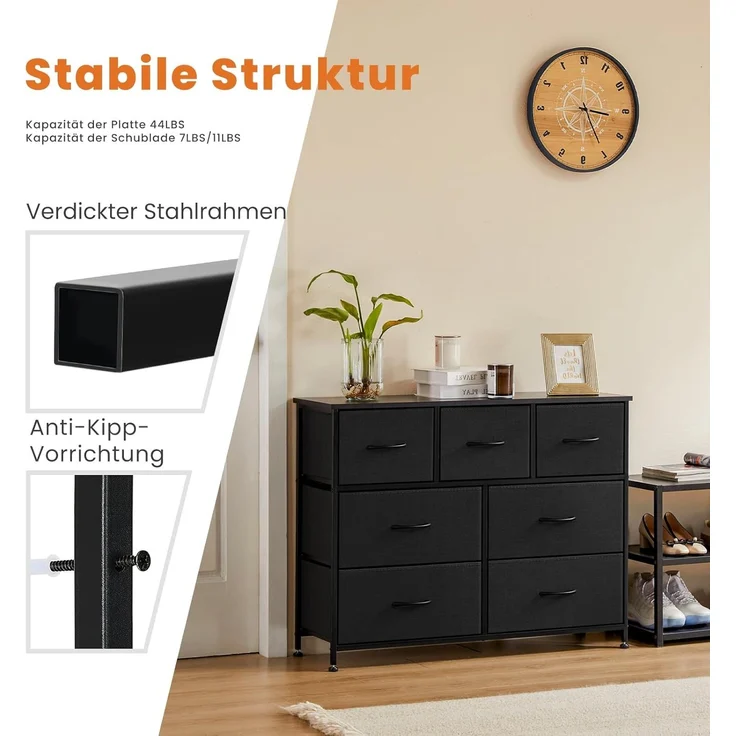 Sweetcrispy Kommode,Sideboard Wohnzimmer für Schlafzimmer mit 7 Stoffschubladen,Einstellbare Füße Schubladenschrank,Komodenschrank für Schlafzimmer,Klassisch Schwarz – Bild 7
