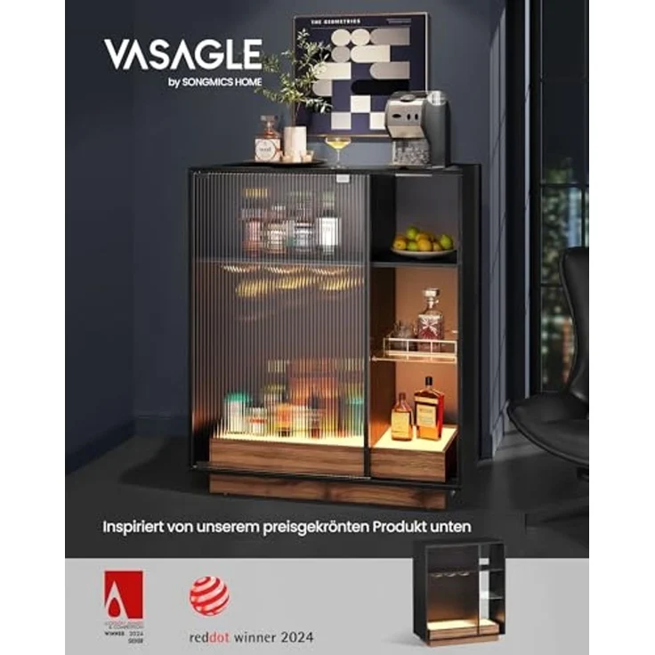 VASAGLE Weinschrank mit Beleuchtung, Sideboard mit LED, Küchenschrank für Weinflaschen, Barschrank mit Weinglashalter, geriffelte Glastür, für Wohnzimmer, ebenholzschwarz BBK361B21 – Bild 3