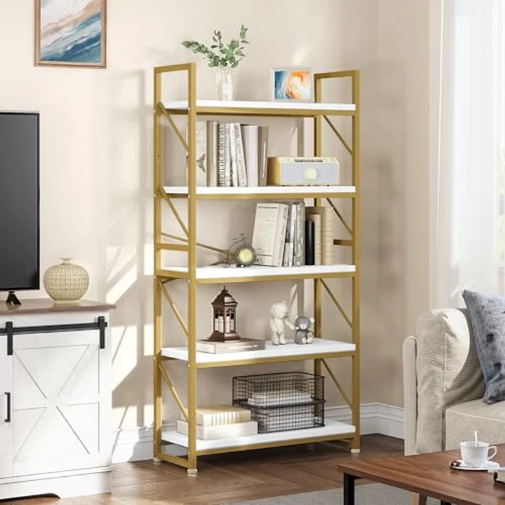 YITAHOME Bücherregal mit 5 Ebenen, Großes Standregal, Holzregal und Metallrahmen, Industrieregal, Bodenstehendes Lagerregal, für Wohnzimmer, Home Office, Gold Regal – Bild 4