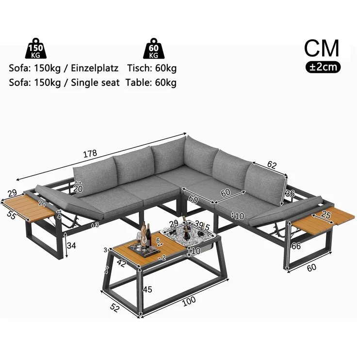 Merax Gartenmöbel-Set, Garten-Lounge-Set für 7 Personen, Outdoor-Sofa-Set mit verstellbarer Rückenlehne, ausklappbaren Armlehnen und Metall-Eisbehälter, Grau – Bild 4