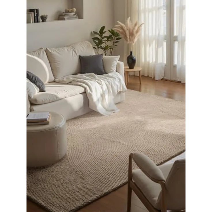XXXL Wollteppich Eleni, Beige, Rechteckig 120x180 cm, Pflegeleicht, Strapazierfähig, Für Fußbodenheizung geeignet, Naturmaterial mit Struktur