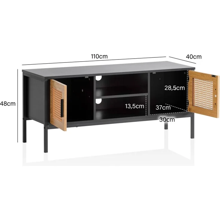Lowboard Schwarz / Eiche mit Wiener Geflecht 110x48x40 cm TV-Kommode Zeitlos,... – Bild 4