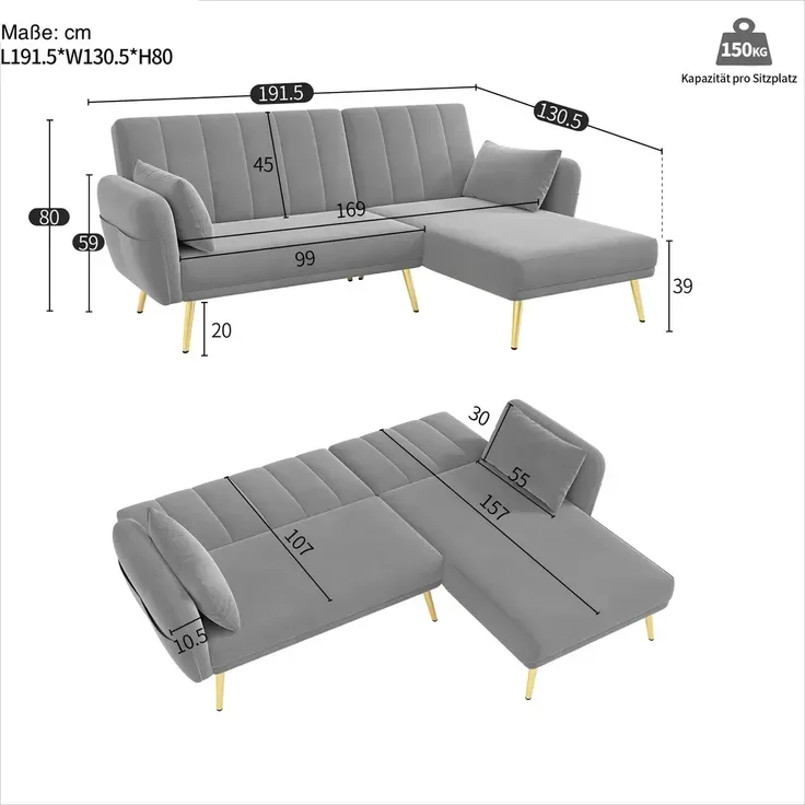 Ecksofa mit Relaxfunktion, L-Form, Schlafsofa mit Verstellbarer Rückenlehne, Polstersofa, Loungesofa, Samtbezug – Bild 8