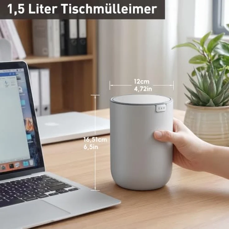 EKO Mini Tischmülleimer mit Schwingdeckel, 1,5 Liter Kosmetikeimer, kleiner Schreibtisch-Mülleimer, runder Tischabfalleimer für Büro, Bad, Schreibtisch, Schlafzimmer (Grau) – Bild 4