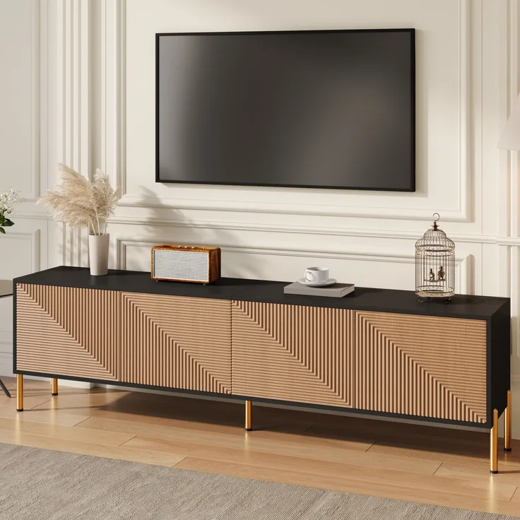 TV-Schrank aus Spanplatte mit 4 Türen & Metallgestell, 179x35x53,5 cm, Schwarz/Natur