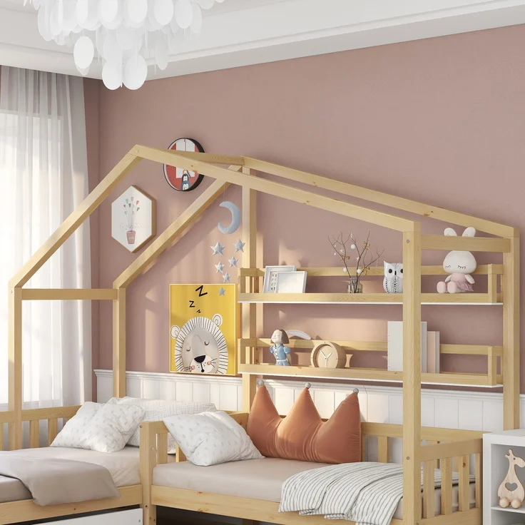 U-life Hausbett L-Form 90x200 cm und 140x70 cm, Kinderbett mit Schubladen und Regalen, Massivholz mit Sicherheitszaun und Lattenrost, Natur – Bild 4