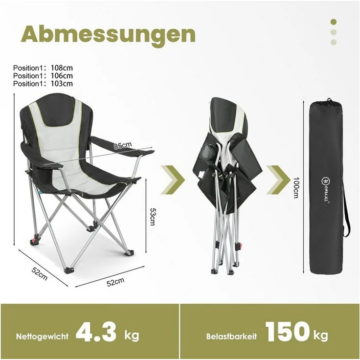HOMECALL Camping-Klappstuhl, Armlehne mit Getränkehalter, verstellbare Rückenlehne – Bild 3