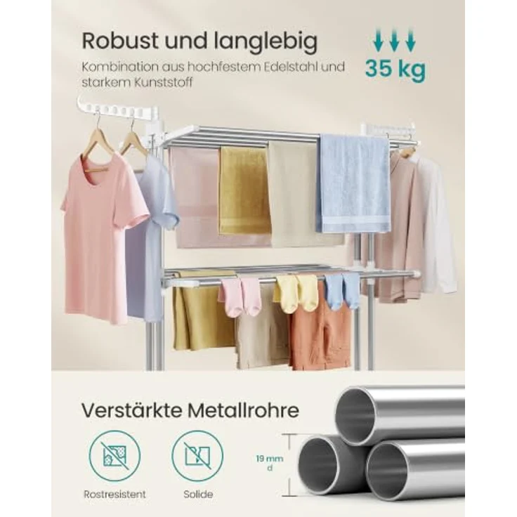 SONGMICS Wäscheständer, Standtrockner 4 Ebenen, Flügelwäscheständer, klappbare Flügel, mit Rollen, 63,5 x 128 x 173 cm, groß, einfacher Aufbau,Silbergrau-wolkenweiß LLR701EW01 – Bild 4