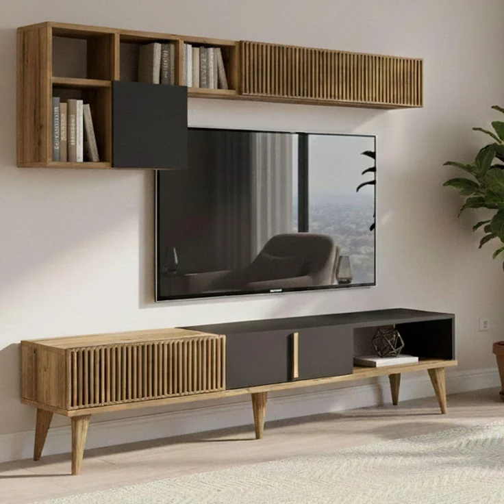 Dmora-Wandregal Gemini 180 x 35 x 40 cm Braun, 11 Böden, 5 Türen