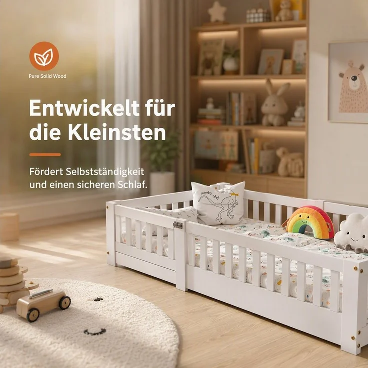 Simurq Kinderbett mit Sicherheitsgitter, Bodenbett aus Massivholz, Montessori Bett (1 tlg, ohne Matratze, Mit Lattenrost), Bodenbett für Kleinkinder, Minimalistisch, Niedrigbett, Weiß – Bild 2