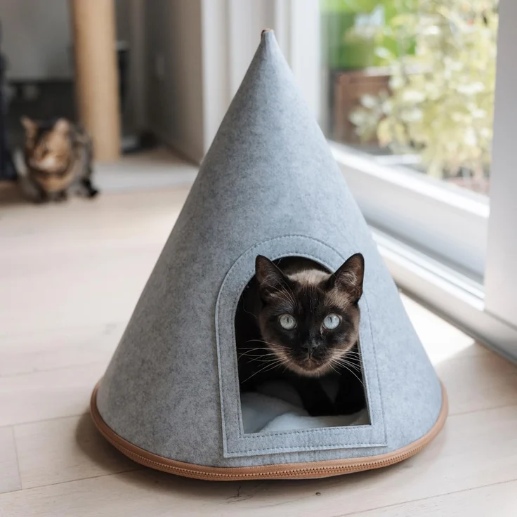 Canadian Cat Company Katzenzelt Katzenbett Cone - Katzen Tipi aus Filz, inkl. Flauschkissen, hellgrau – Bild 4