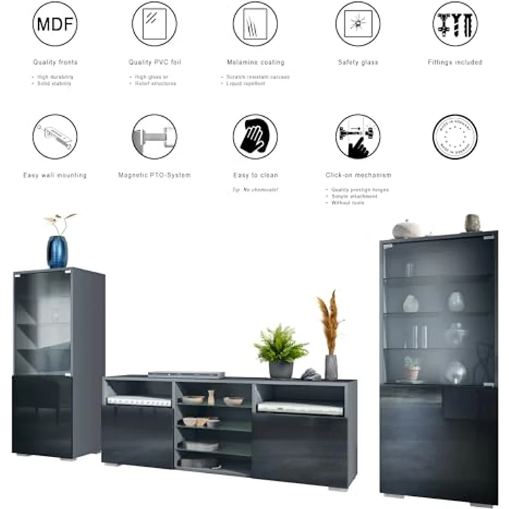 Vladon Wohnwand, Anthrazit, 2 Vitrinen & TV-Board, 286x122.5x35 cm, Made in Germany – Bild 4
