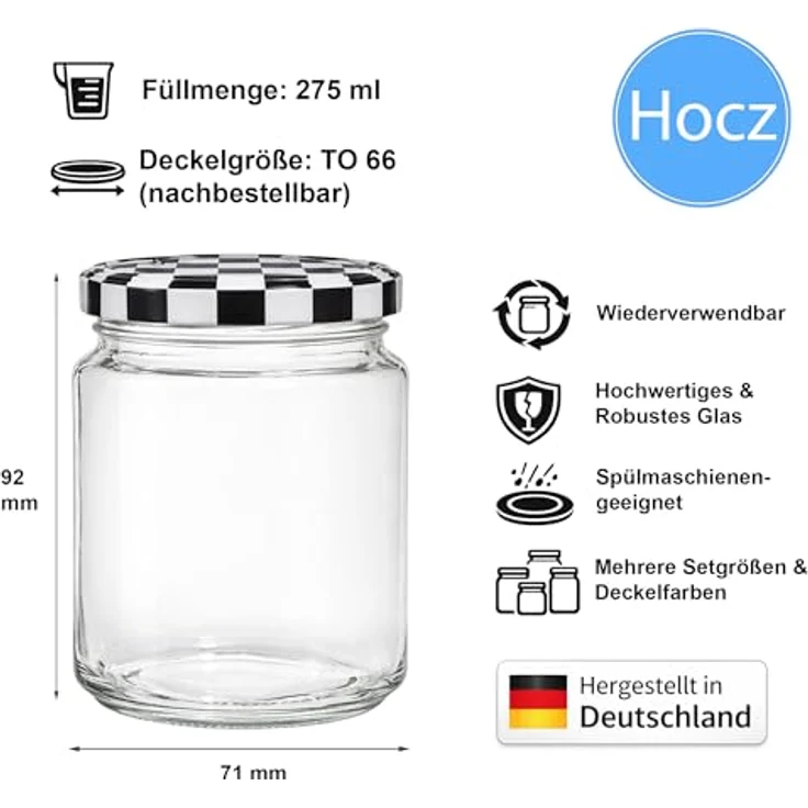 hocz 12x Marmeladengläser 275 ml | mit Deckel Schwarz Kariert TO 66 | Einmachgläser mit Schraubdeckel zum befüllen | Sturzgläser Marmelade Schraubgläser | leere Gläser Set | 12 Stück – Bild 2