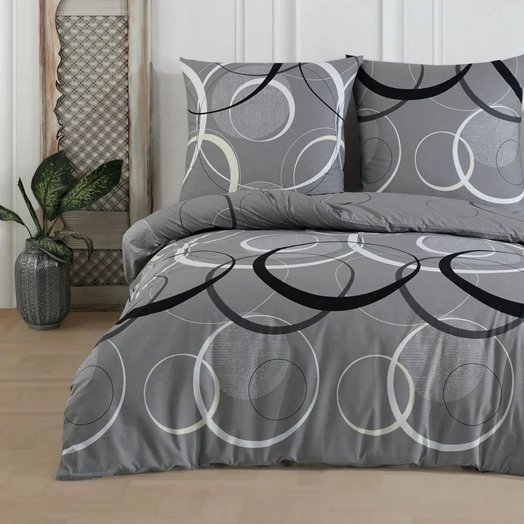 Buymax Bettwäsche Wave, Bettgarnitur, Bettbezug Set, Renforcé: 100% Baumwolle, 3 teilig, mit Reißverschluss, gemustert, Kreise, Grau, Schwarz, 200x200 cm – Bild 1