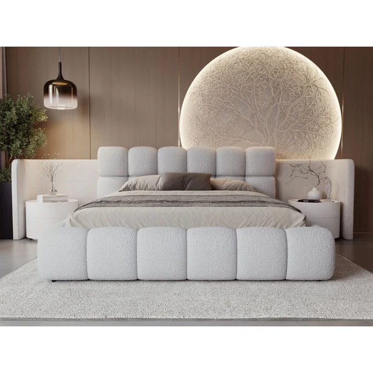 GRAINGOLD Modo Polsterbett 140x200, Doppelbett mit Kopfteil, groß Stauraum, Bouclé-Stoff, Hellgrau – Bild 4