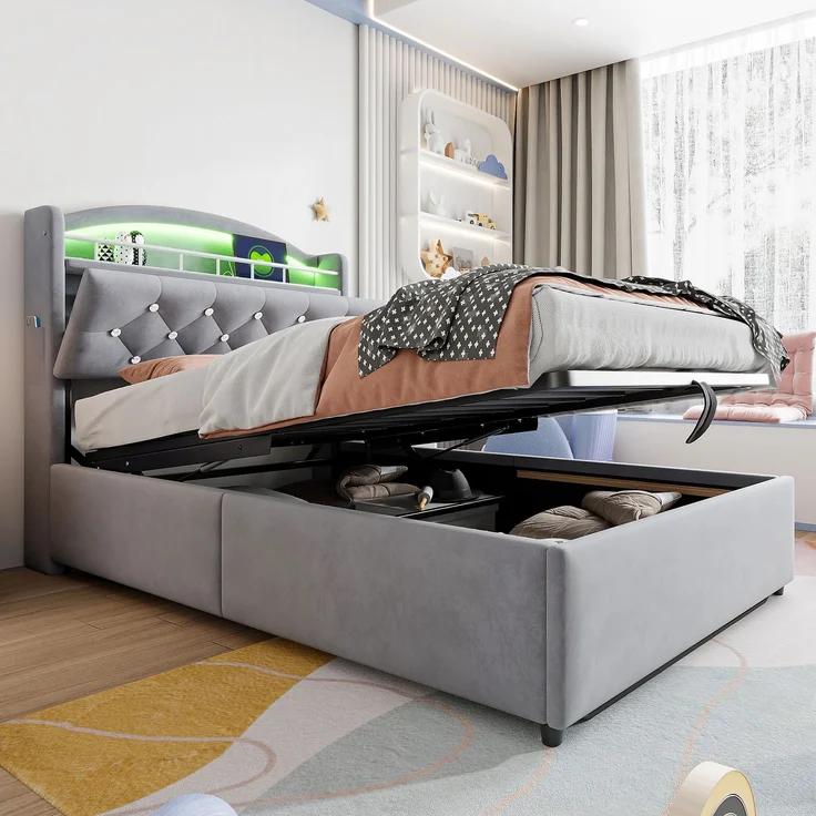 Kinder Polsterbett 90x200, Samt Einzelbett Multifunktionsbett mit Stauraum mit LED und USB Grau – Bild 2