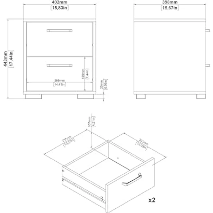 Tvilum Sofia Nachttisch mit 2 Schubladen in Weiß, 40 cm B x 39,6 cm T x 44,2 cm H – Bild 2