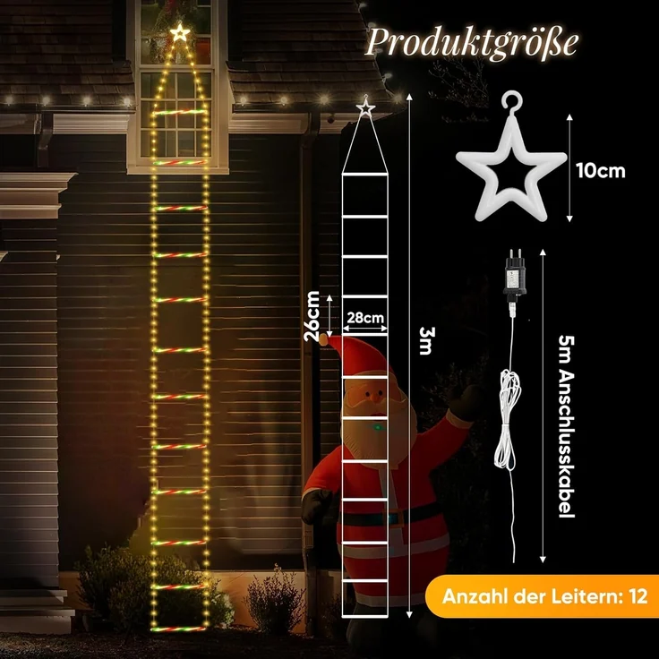 Salcar LED-Lichterkette LED Weihnachts Leiter 3M Weihnachtslichterkette Warmeweiß, Timer, Memory, 9 Modi(Stufenlos Warmweiß/Vierfarben/Macaron-Farben) – Bild 2