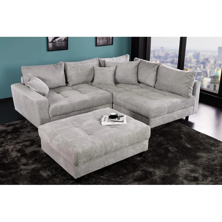 riess-ambiente Ecksofa KENT 220cm hellgrau / schwarz, Einzelartikel 1 Teile, Wohnzimmer · Cord · mit Federkern · inklusive Hocker · L-Form · Modern – Bild 4