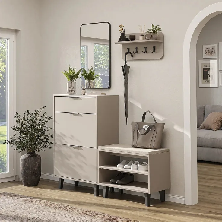 Roomart NORD Garderobenset 4-teilig – Schuhschrank, Sitzbank, Wandgarderobe & Spiegel – Flurgarderobe – H 112 x B 73.6 x T 35 cm (Schuhschrank) • Beige