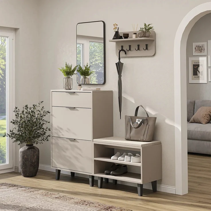 Roomart NORD Garderobenset 4-teilig – Schuhschrank, Sitzbank, Wandgarderobe & Spiegel – Flurgarderobe – H 112 x B 73.6 x T 35 cm (Schuhschrank) • Beige – Bild 1