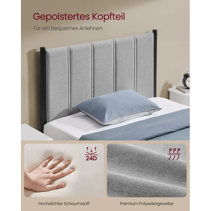 VASAGLE Einzelbettgestell, 90x200 cm, mit gepolstertem Kopfteil, Bettrahmen, trägt bis zu 250 kg, Stahl Taubengrau – Bild 3