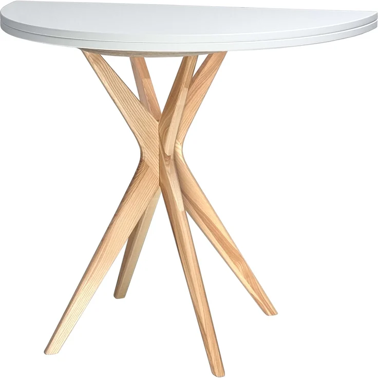 Ragaba kleiner halbrunder Esstisch, MDF & Massives Eschenholz, 100x50 cm, Weiß – Bild 2