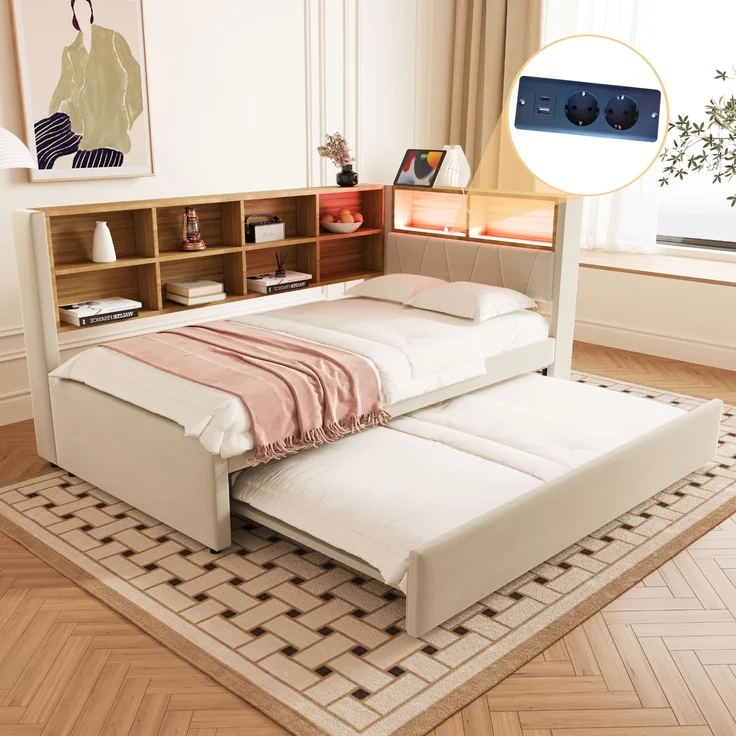 Bett 90x200 cm mit Ausziehbett 90x190 cm, Flanellbezug in Beige, mit Stauraum und LED-Beleuchtung – Bild 5
