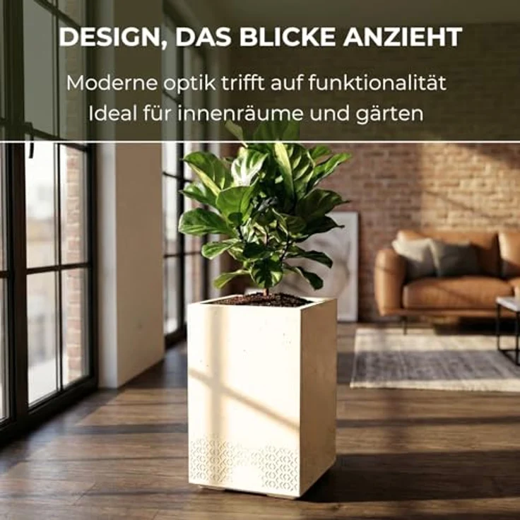 LAMELA Pflanzkübel mit Rollen Höhe 60 cm, 36L – Blumentopf aus Kunststoff in Betonoptik – Übertopf mit Wasserablauf – Modern für Innen & Außen - Wetterfest & Pflegeleicht, Creme – Bild 4