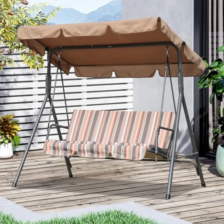 Angel Living Hollywoodschaukel Gartenschaukel 3 Sitzer, 3,00-Sitzer, Relaxfunktion, Verstellbarem Sonnendach und Abnehmbarem Kissen, 173cm x 110cm x 151cm – Bild 10