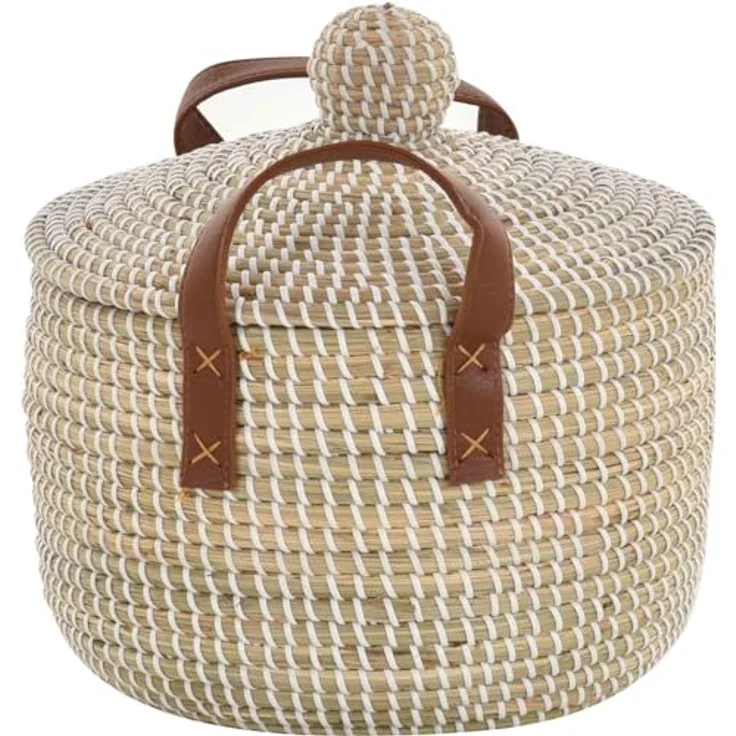 Krines Home Aufbewahrungskorb Set/2 Handgearbeiteter Seegras Dekokorb mit Deckel zur Aufbewahrung (2 St, 2er-Set), Flechtkorb Korb Natur mit weißen Wicklungen Rund Hell Natur – Bild 8