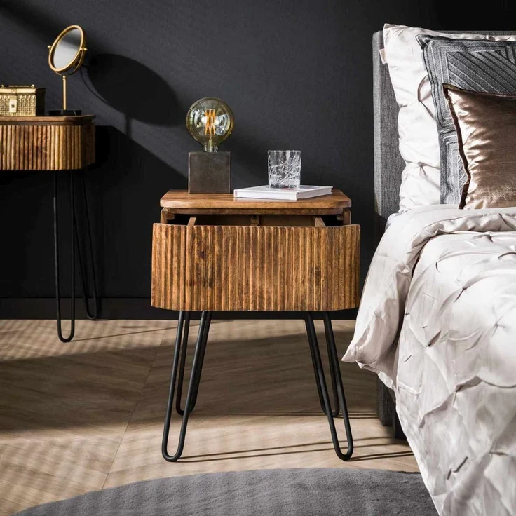 Nachttisch Vagula Mangoholz mit Metallgestell, modernes Wellen-Design, Natur, mit Schublade – Bild 3