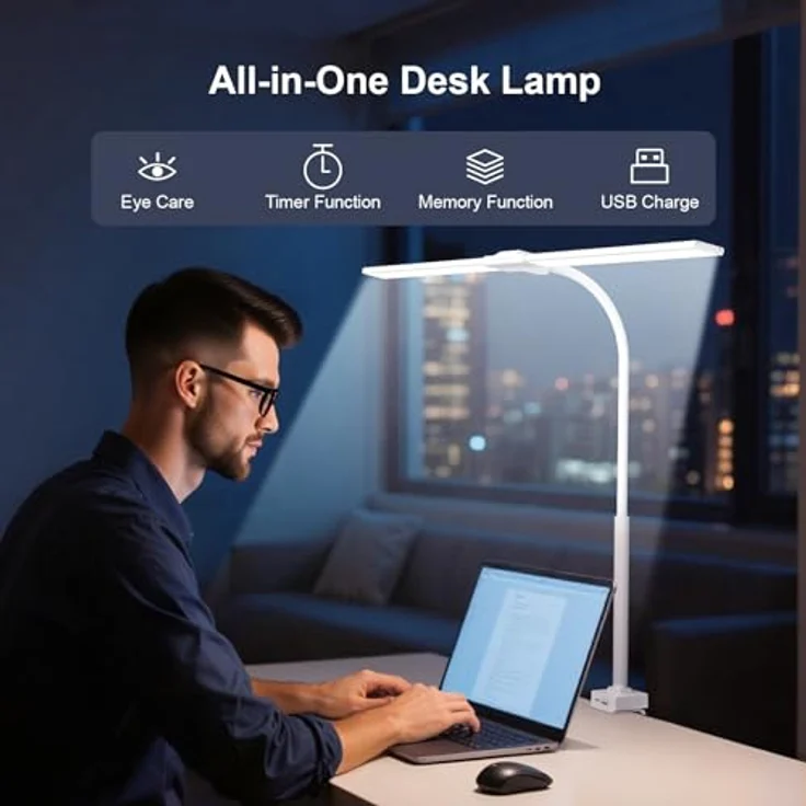 YICAIZI Schreibtischlampe LED Dimmbar - 1500LM 24W Klemmbar Büroschreibtischlampe mit Fernbedienung, 80CM Schwanenhals Schreibtisch Lampe USB-Ladeanschluss, für Büro & Zuhause, Weiß – Bild 6