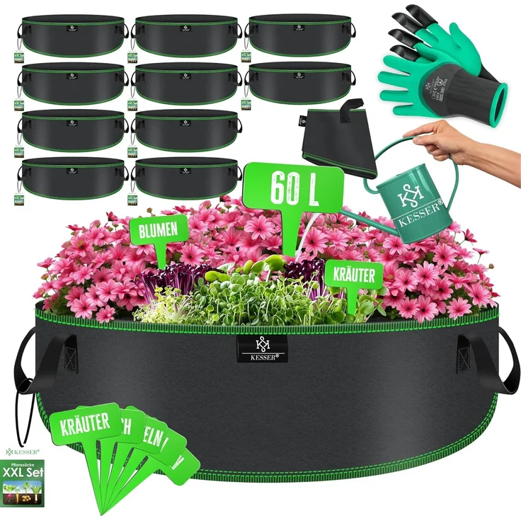 KESSER Pflanzkübel, 10er-Set, Pflanzsäcke aus Vlies Kartoffel Pflanzsack Pflanztasche, 60L, 60x25 cm – Bild 1