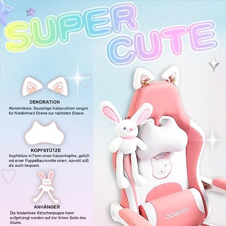 Dowinx Gaming Stuhl - Süße Katze Edition - Ergonomischer Computerstuhl mit Hoher Rückenlehne und Lendenwirbelstütze, PU-Leder, Fußstütze,Rosa – Bild 5